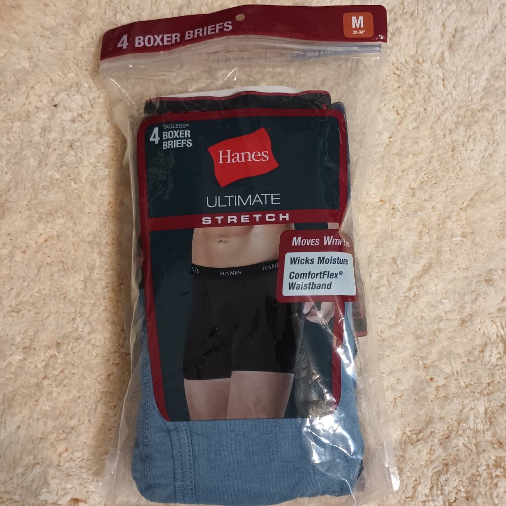 NWT~Hanes Ultimate Stretch Men's Boxer Briefs, Moisture-Wicking 4-Pk. (Sz. Med.)